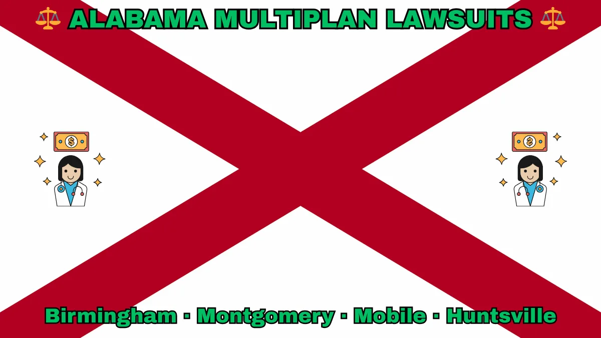 ALABAMA MULTIPLAN LAWSUITS: Birmingham, Montgomery, Mobile, and Huntsville text on AL state flag adorned with doctor payments depicted near a red St. Andrew's cross on a white background.