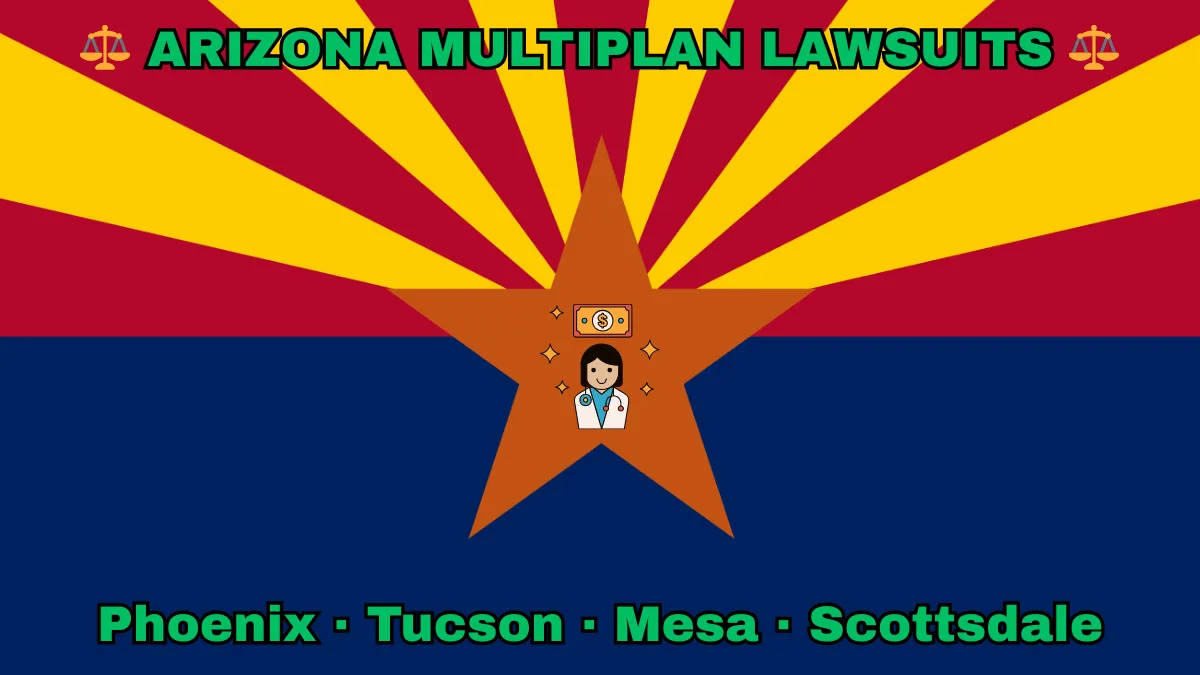 ARIZONA MULTIPLAN LAWSUITS: Phoenix, Tucson, Mesa, and Scottsdale text on AZ state flag adorned with doctor payments depicted near red and yellow rays with a copper star above a blue field