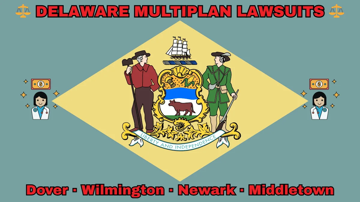 DELAWARE MULTIPLAN LAWSUITS: Dover, Wilmington, Newark, and Middletown text on DE state flag adorned with doctor payments depicted near a coat of arms and 1787 date