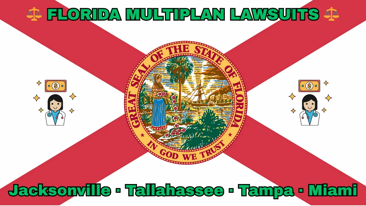 FLORIDA MULTIPLAN LAWSUITS: Jacksonville, Tallahassee, Tampa, and Miami text on FL state flag adorned with doctor payments depicted near a red cross and SEAL of a Seminole woman scattering flowers by a shoreline with a boat, palm trees, and sunlight.