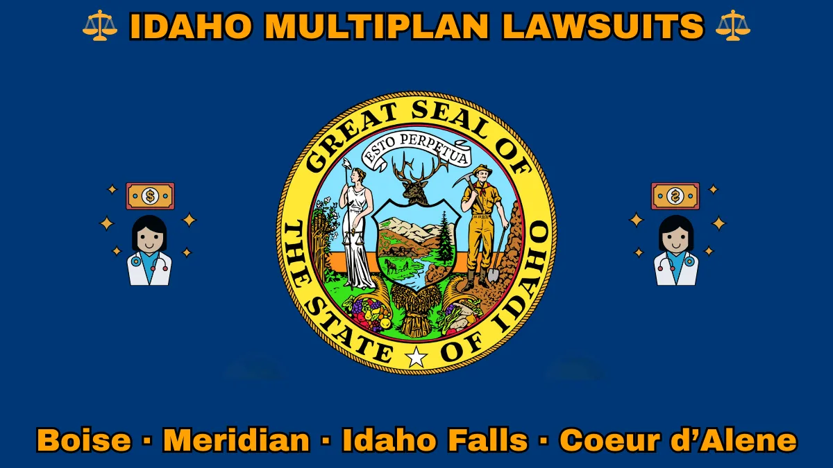 IDAHO MULTIPLAN LAWSUITS: Boise, Meridian, Idaho Falls, and Coeur d’Alene text on ID state flag adorned with doctor payments depicted on a blue field near the official seal and banner