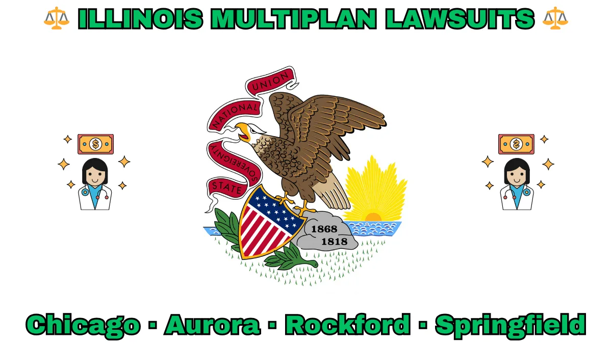 ILLINOIS MULTIPLAN LAWSUITS: Chicago, Aurora, Rockford, and Springfield text on IL state flag adorned with doctor payments depicted near a bald eagle perched on a rock and holding a shield, as the sun shines bright.