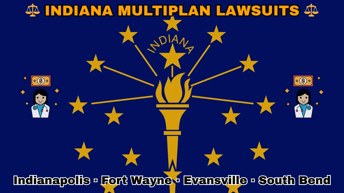 INDIANA MULTIPLAN LAWSUITS: Indianapolis, Fort Wayne, Evansville, and South Bend text on IN state flag adorned with doctor payments depicted near a gold torch and stars.