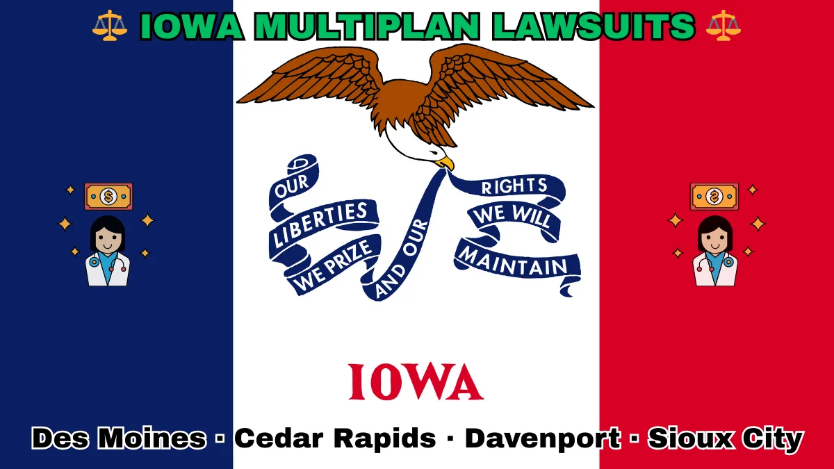 IOWA MULTIPLAN LAWSUITS: Boise, Meridian, Idaho Falls, Coeur d'Alene text on IA state flag adorned with doctor payments depicted along blue, white, and red vertical stripes near an eagle and banner