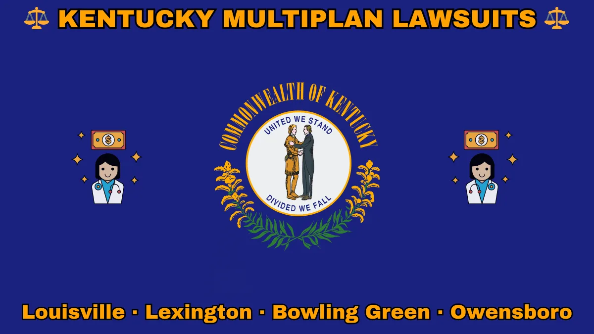 KENTUCKY MULTIPLAN LAWSUITS: Louisville, Lexington, Bowling Green, and Owensboro text on KY state flag adorned with doctor payments depicted on a blue field near the official seal and “UNITED WE STAND” motto