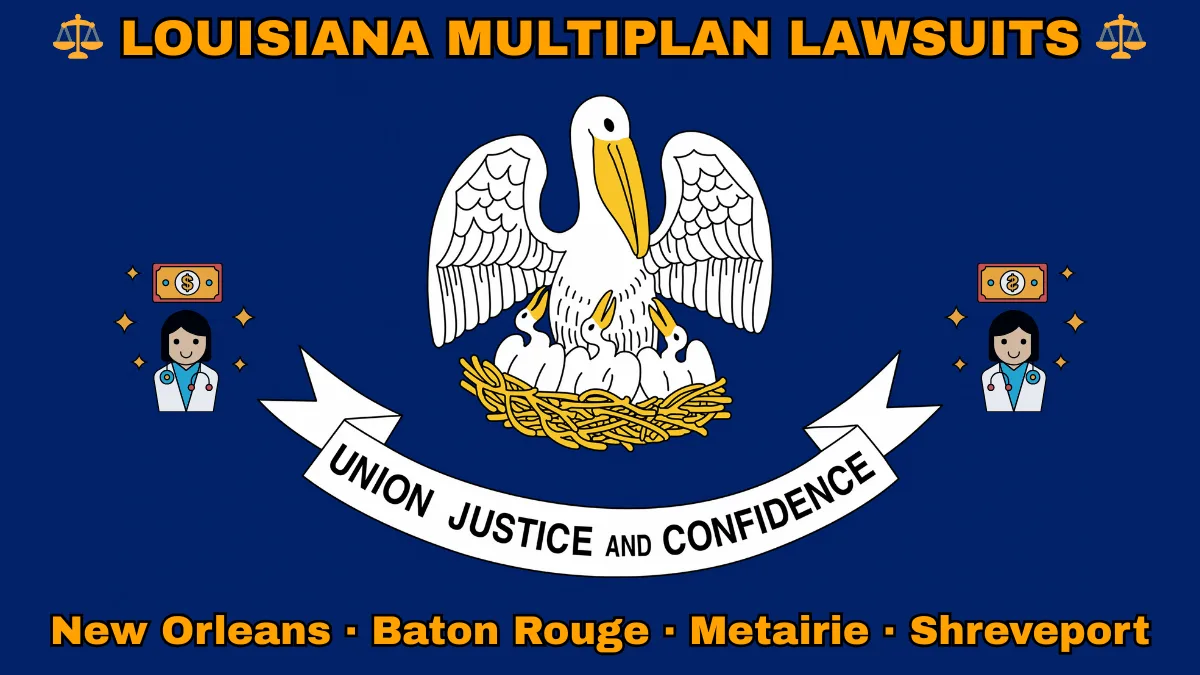 LOUISIANA MULTIPLAN LAWSUITS: New Orleans, Baton Rouge, Metairie, and Shreveport text on LA state flag adorned with doctor payments depicted near a pelican feeding chicks with motto “UNION, JUSTICE, CONFIDENCE"