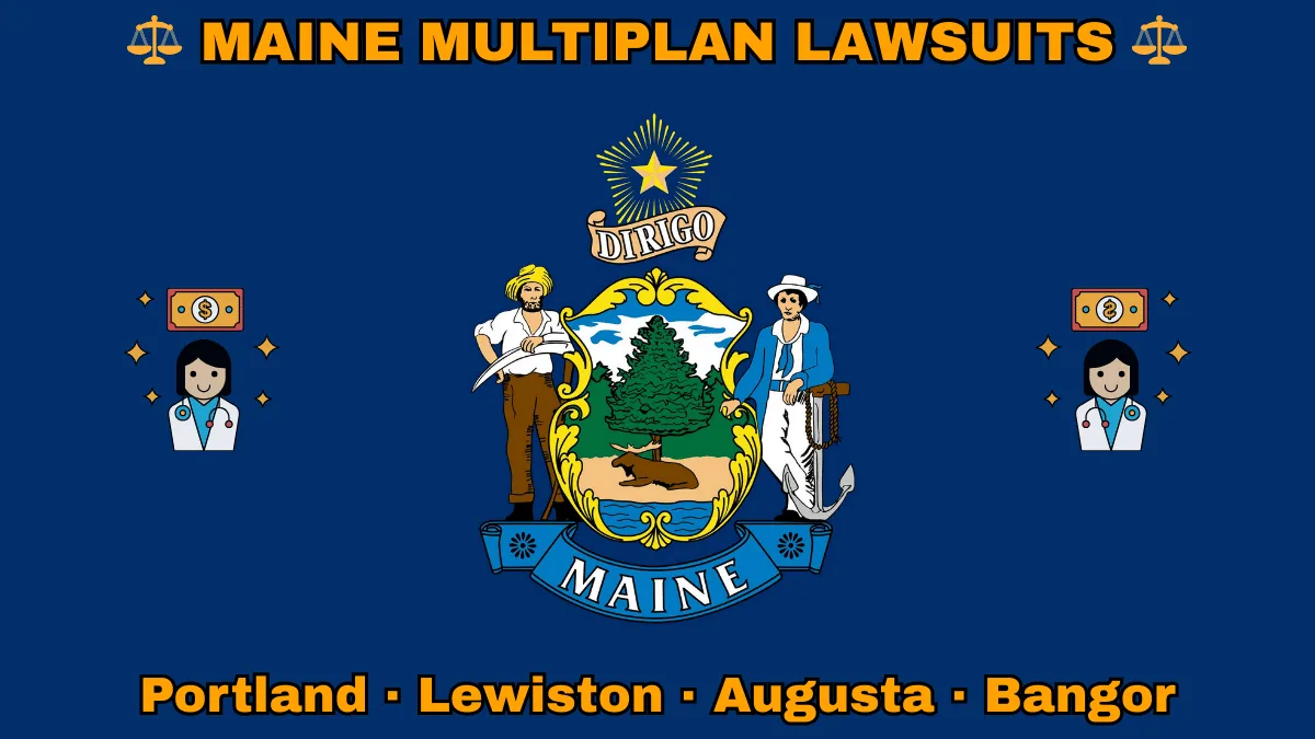 MAINE MULTIPLAN LAWSUITS: Portland, Lewiston, Augusta, and Bangor text on ME state flag adorned with doctor payments depicted on a blue field near a shield, pine tree, moose, and “DIRIGO” motto