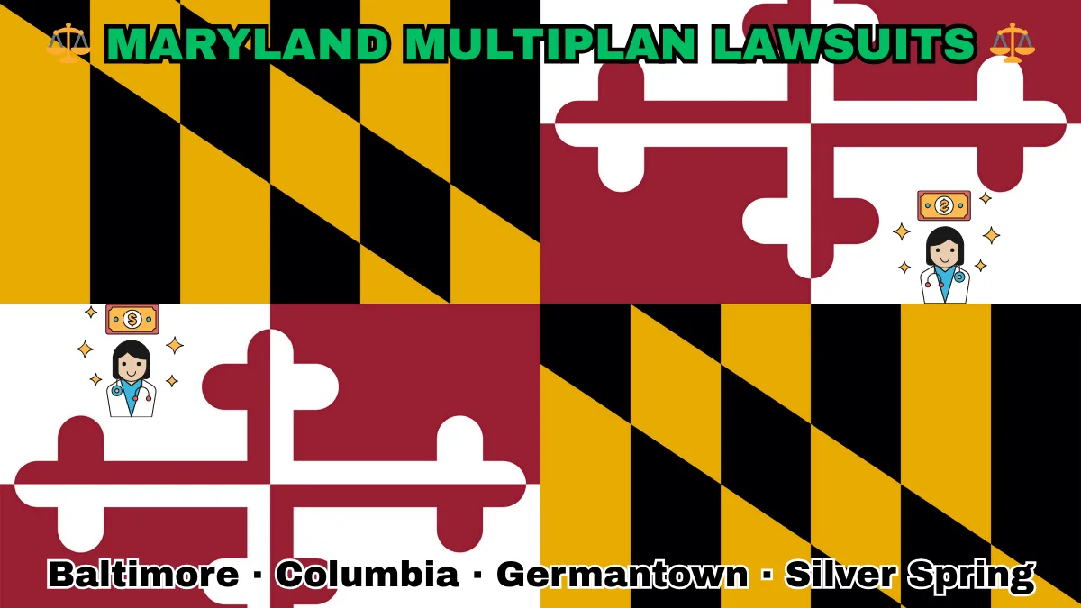 MARYLAND MULTIPLAN LAWSUITS: Baltimore, Columbia, Germantown, and Silver Spring text on MD state flag adorned with doctor payments depicted near red and white crosses, and black and gold checkered Calvert arms.