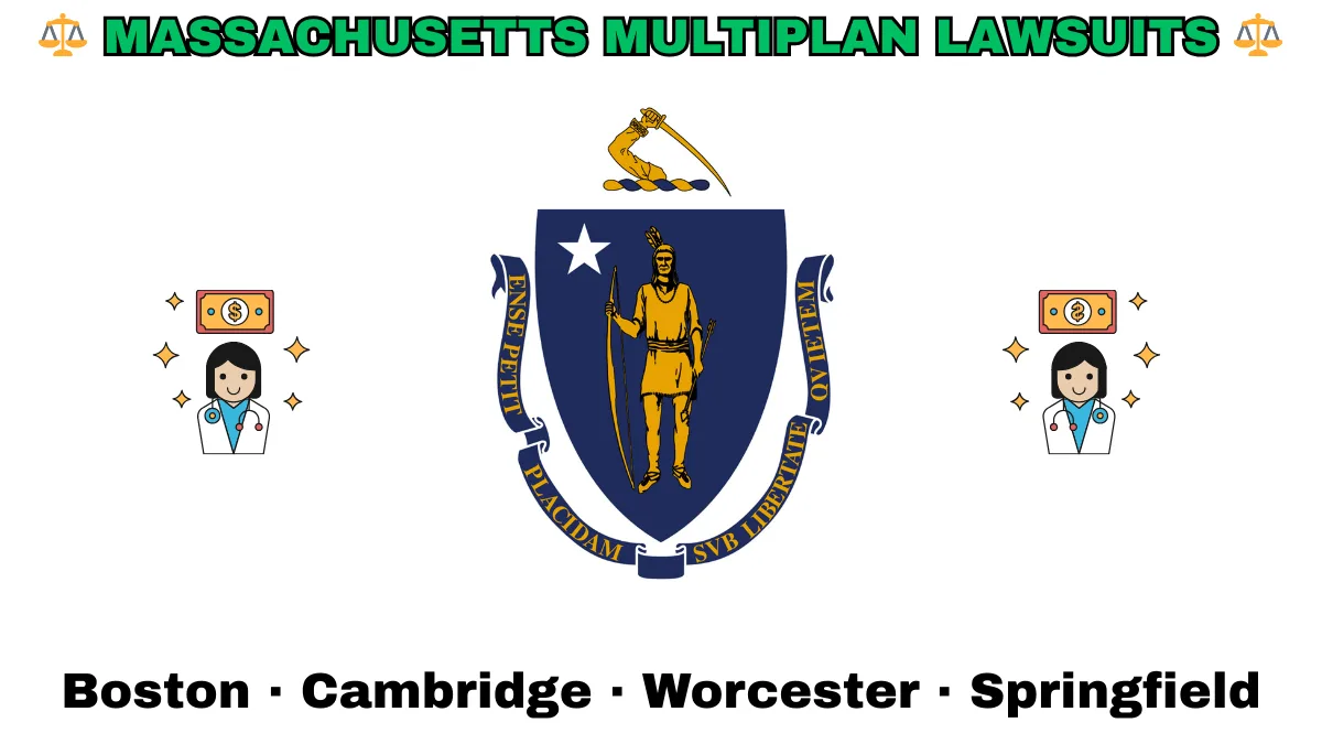 MASSACHUSETTS MULTIPLAN LAWSUITS: Boston, Cambridge, Worcester, and Springfield text on MA state flag adorned with doctor payments depicted near a shield featuring a Native American person with bow and arrow under a star and sword.