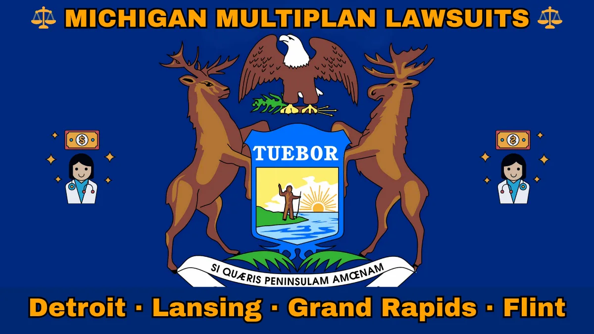 MICHIGAN MULTIPLAN LAWSUITS: Detroit, Lansing, Grand Rapids, and Flint text on MI state flag adorned with doctor payments depicted near an elk, moose and bald eagle flanking a shield featuring a man standing on a sunny lake with a raised hand and rifle.