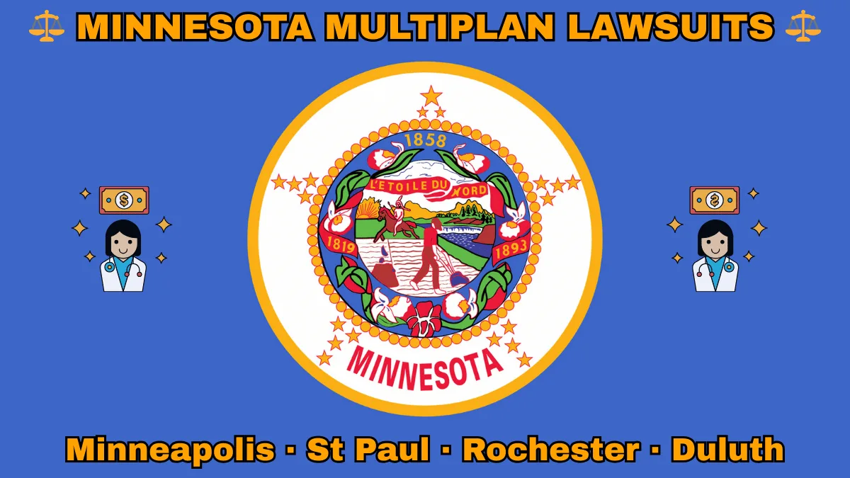 MINNESOTA MULTIPLAN LAWSUITS: Minneapolis, St Paul, Rochester, and Duluth text on MN state flag adorned with doctor payments depicted on blue background near the official seal featuring a wreath of pink-and-white lady’s slippers