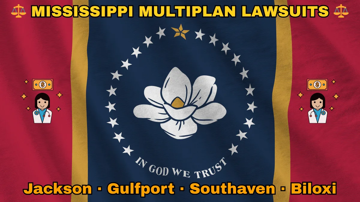 MISSISSIPPI MULTIPLAN LAWSUITS: Jackson, Gulfport, Southaven, and Biloxi text on MS state flag adorned with doctor payments depicted along red, gold, and blue stripes near magnolia blossom and stars