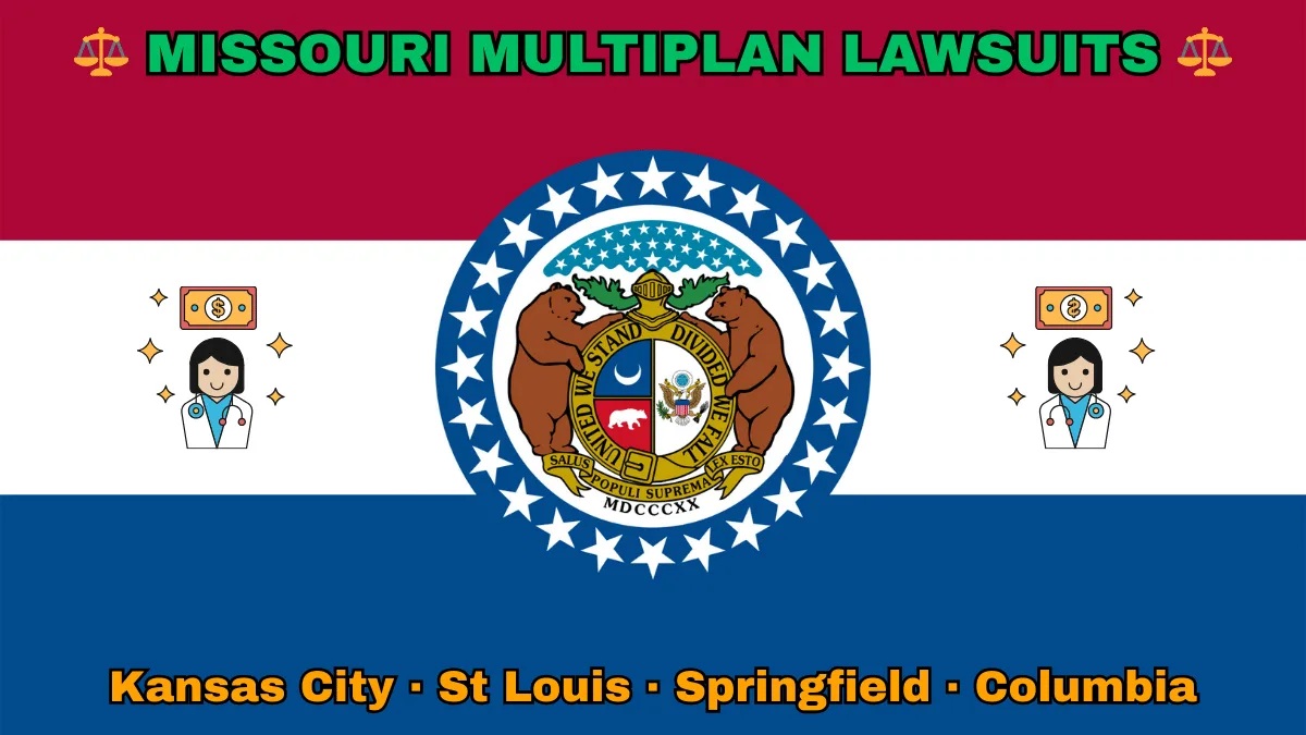 MISSOURI MULTIPLAN LAWSUITS: Kansas City, St Louis, Springfield, and Columbia text on MO state flag adorned with doctor payments depicted near a ring of stars featuring two grizzly bears, a shield, and crescent moon, all on a red, white and blue background.