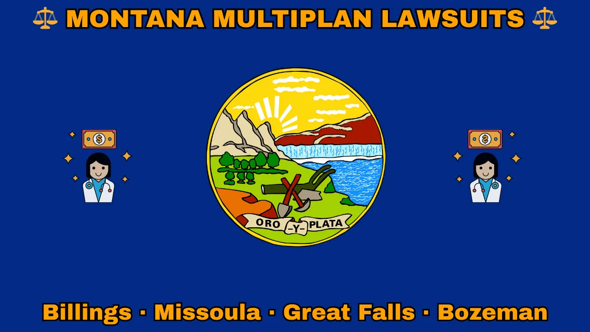 MONTANA MULTIPLAN LAWSUITS: Billings, Missoula, Great Falls, and Bozeman text on MT state flag adorned with doctor payments depicted on a blue field near official seal featuring a plow and mountains