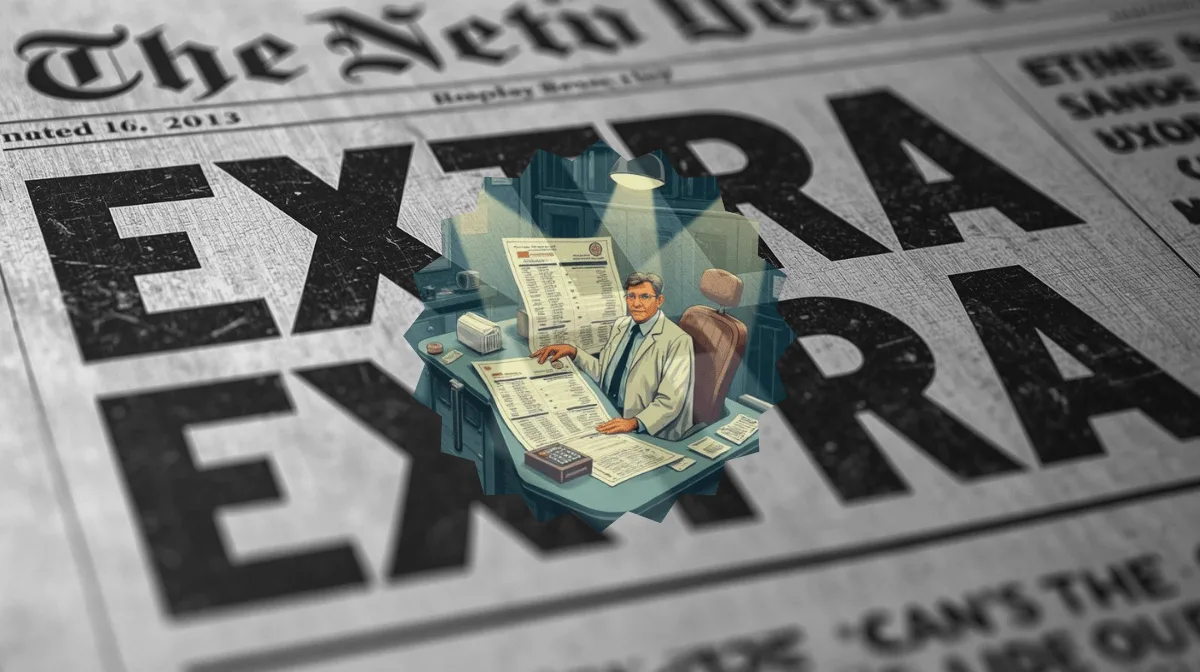 Doctors calculating medical billing depicted on newspaper print reading 