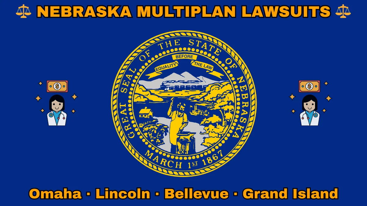 NEBRASKA MULTIPLAN LAWSUITS: Omaha, Lincoln, Bellevue, and Grand Island text on NE state flag adorned with doctor payments depicted on a dark blue field near the official seal in gold