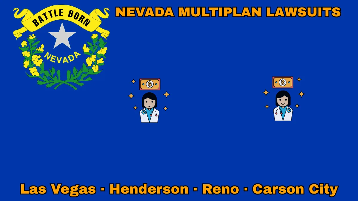 NEVADA MULTIPLAN LAWSUITS: Las Vegas, Henderson, Reno, and Carson City text on NV state flag adorned with doctor payments depicted on a blue field near a silver star and “BATTLE BORN” motto