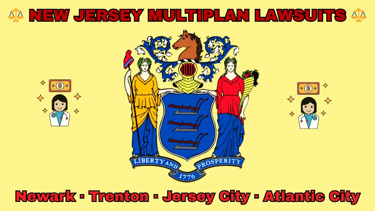 NEW JERSEY MULTIPLAN LAWSUITS: Newark, Trenton, Jersey City, and Atlantic City text on NJ state flag adorned with doctor payments depicted near a shield with three plows, the goddesses Liberty and Ceres, and a horse head.