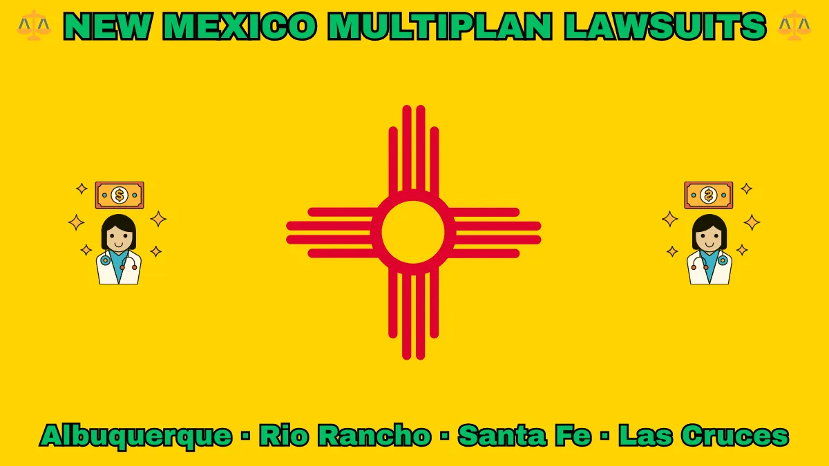 NEW MEXICO MULTIPLAN LAWSUITS: Albuquerque, Rio Rancho, Santa Fe, and Las Cruces text on NM state flag adorned with doctor payments depicted on a yellow background near a red Zia sun symbol
