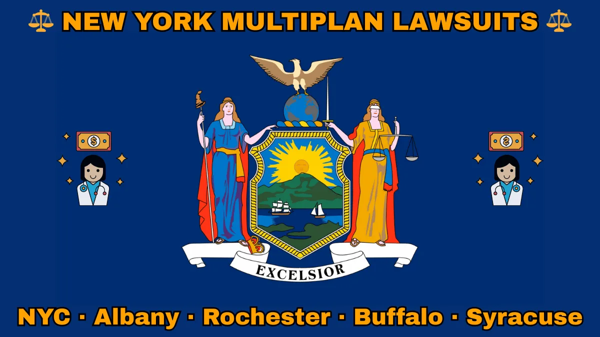 NEW YORK MULTIPLAN LAWSUITS: NYC, Albany, Rochester, Buffalo, and Syracuse text on NY state flag adorned with doctor payments depicted near Liberty and Justice holding a sword and scales, an eagle atop a globe, and a shield featuring the sun shining over the mountains onto Hudson River boaters.