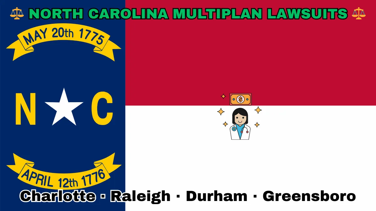 NORTH CAROLINA MULTIPLAN LAWSUITS: Charlotte, Raleigh, Durham, and Greensboro text on NC state flag adorned with doctor payments depicted near a star along blue, red and white color blocks.