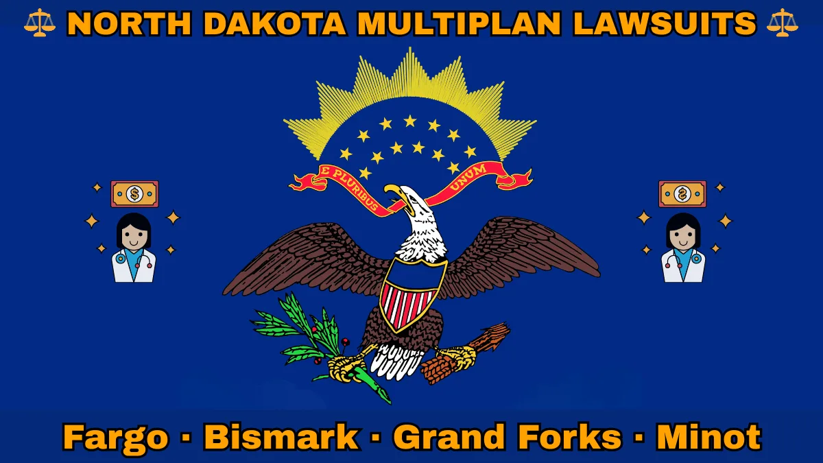NORTH DAKOTA MULTIPLAN LAWSUITS: Fargo, Bismark, Grand Forks, and Minot text on ND state flag adorned with doctor payments depicted on a blue field near a bald eagle, ribbon, and shield.