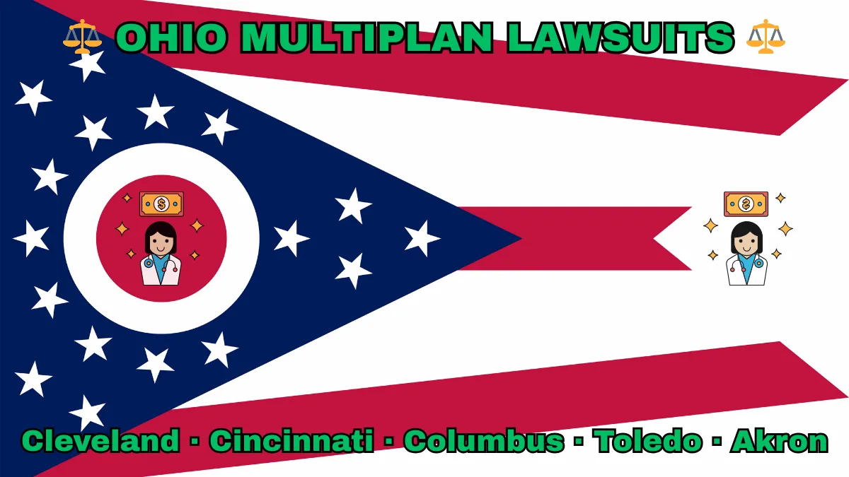 OHIO MULTIPLAN LAWSUITS: Cleveland, Cincinnati, Columbus, Toledo, and Akron text on OH state flag adorned with doctor payments depicted near a triangular swallowtail with red, white, and blue stripes and stars.