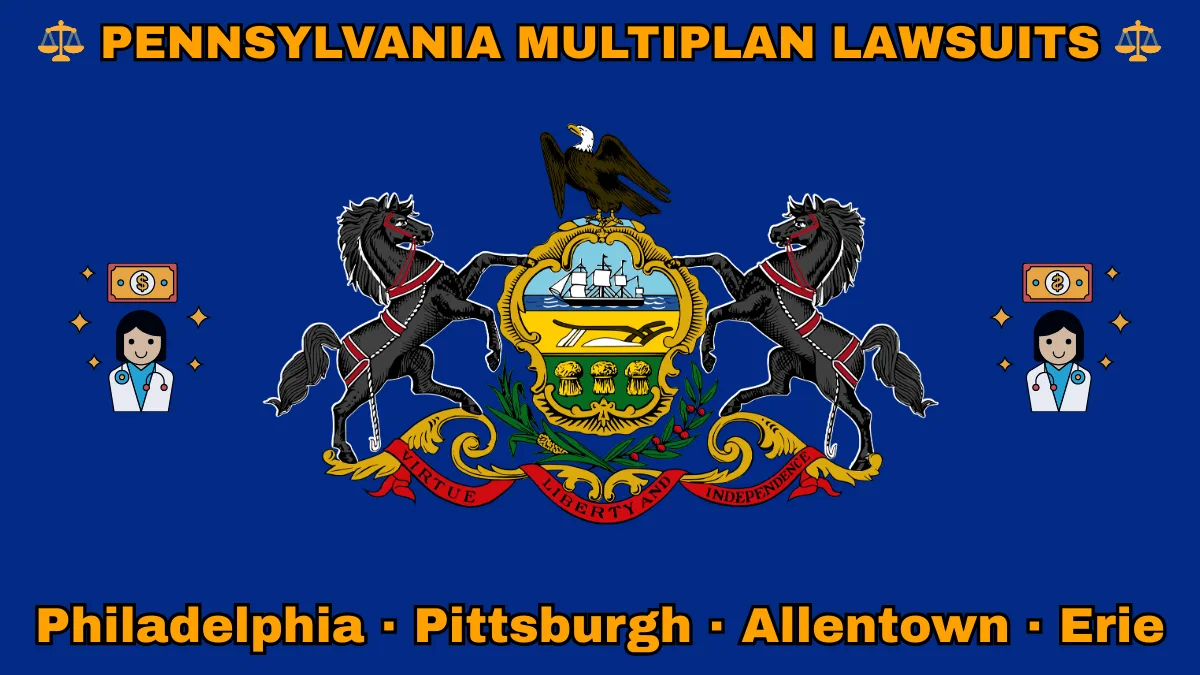 PENNSYLVANIA MULTIPLAN LAWSUITS: Philadelphia, Pittsburgh, Allentown, and Erie text on PA state flag adorned with doctor payments depicted near horses and an eagle flanking a shield featuring a ship, plow, and sheaves of wheat.