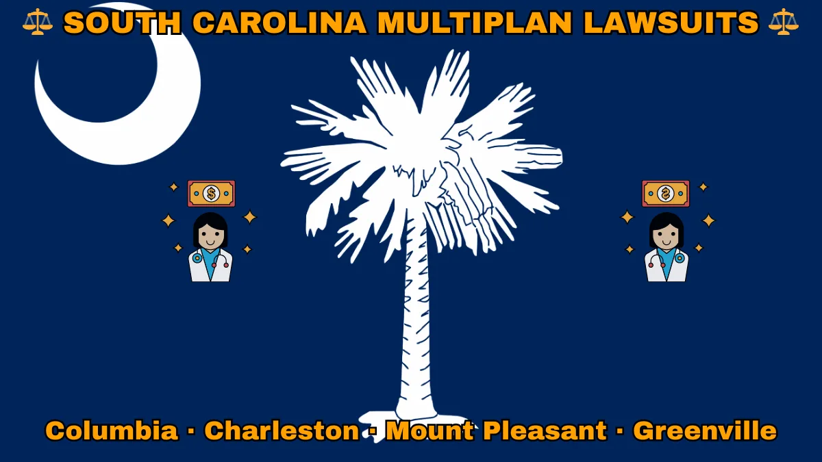 SOUTH CAROLINA MULTIPLAN LAWSUITS: Columbia, Charleston, Mount Pleasant, and Greenville text on SC state flag adorned with doctor payments depicted on a blue field near a white palmetto tree and crescent moon