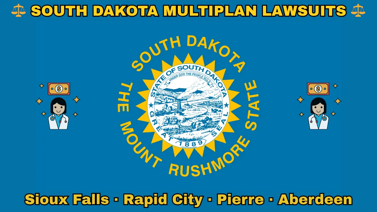 SOUTH DAKOTA MULTIPLAN LAWSUITS: Sioux Falls, Rapid City, Pierre, and Aberdeen text on SD state flag adorned with doctor payments depicted on a blue field near the official seal and words "THE MOUNT RUSHMORE STATE"