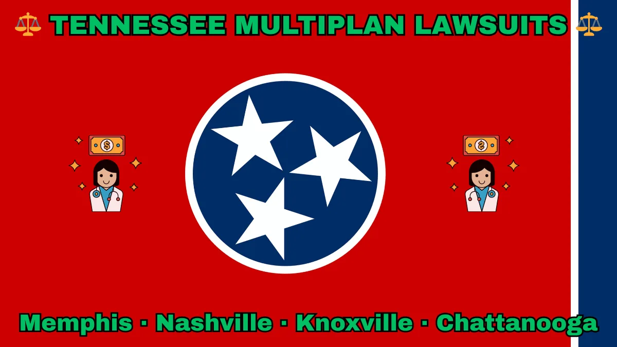 TENNESSEE MULTIPLAN LAWSUITS: Memphis, Nashville, Knoxville, and Chattanooga text on TN state flag adorned with doctor payments depicted on a red background near three white stars on a blue circle and vertical blue stripe.