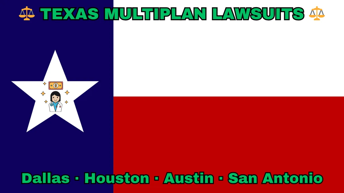 TEXAS MULTIPLAN LAWSUITS: Dallas, Houston, Austin, and San Antonio text on TX state flag adorned with doctor payments depicted on a Lone Star near blue, red and white color blocks.