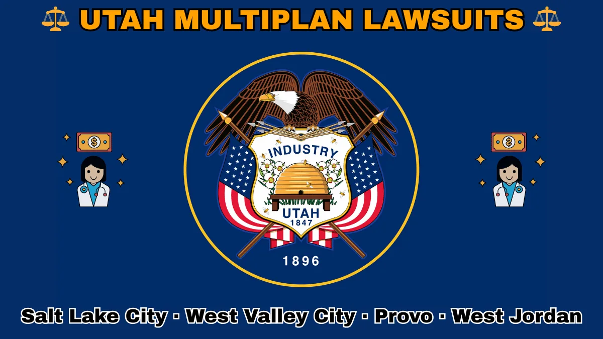 UTAH MULTIPLAN LAWSUITS: Salt Lake City, West Valley City, Provo, and West Jordan text on UT state flag adorned with doctor payments depicted on a blue field near a beehive, bald eagle, motto and date