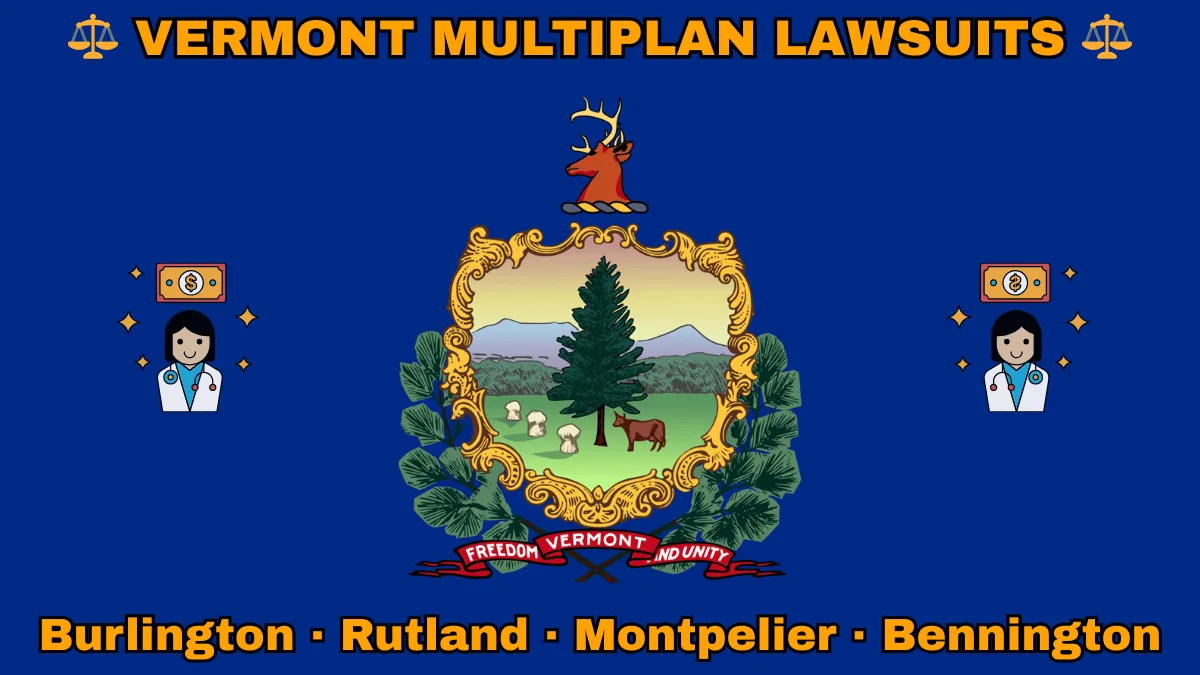 VERMONT MULTIPLAN LAWSUITS: Burlington, Rutland, Montpelier, and Bennington text on VT state flag adorned with doctor payments depicted on a blue field near the official coat of arms featuring a pine tree and cow