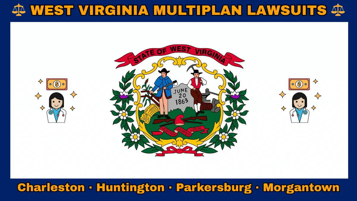 WEST VIRGINIA MULTIPLAN LAWSUITS: Charleston, Huntington, Parkersburg, and Morgantown text on WV state flag adorned with doctor payments depicted on a white field with blue border near the official seal encircled by rhododendrons