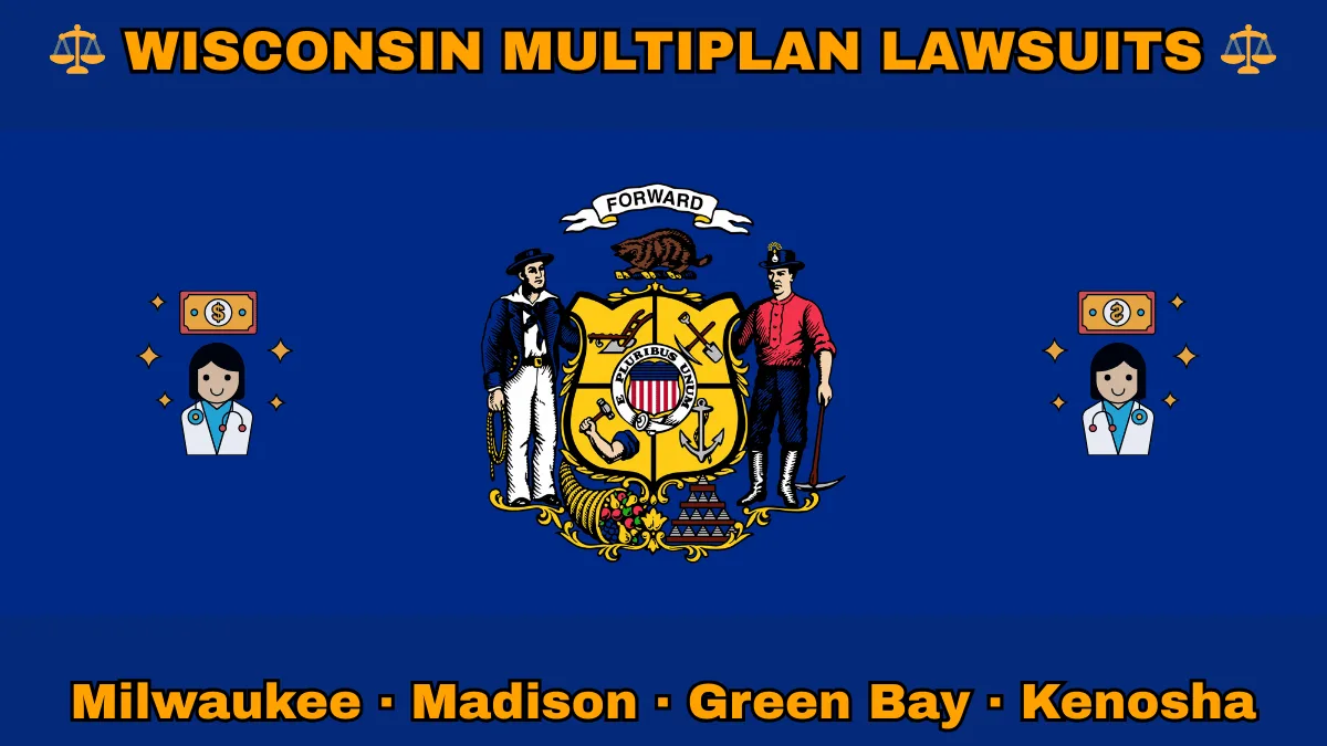 WISCONSIN MULTIPLAN LAWSUITS: Milwaukee, Madison, Green Bay, and Kenosha text on WI state flag adorned with doctor payments depicted near a sailor and miner flanking a shield featuring agriculture, mining, manufacturing, and navigation, a badger above, and a cornucopia and lead ingot.